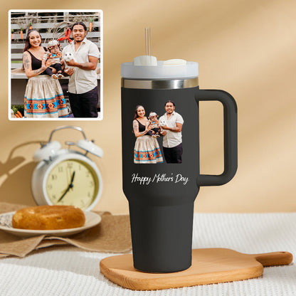 Mother's Day Personalized Text 40oz Insulated Mug with Handle and Straw Stainless Steel Custom Travel Cup Gift for Family Friends Couples