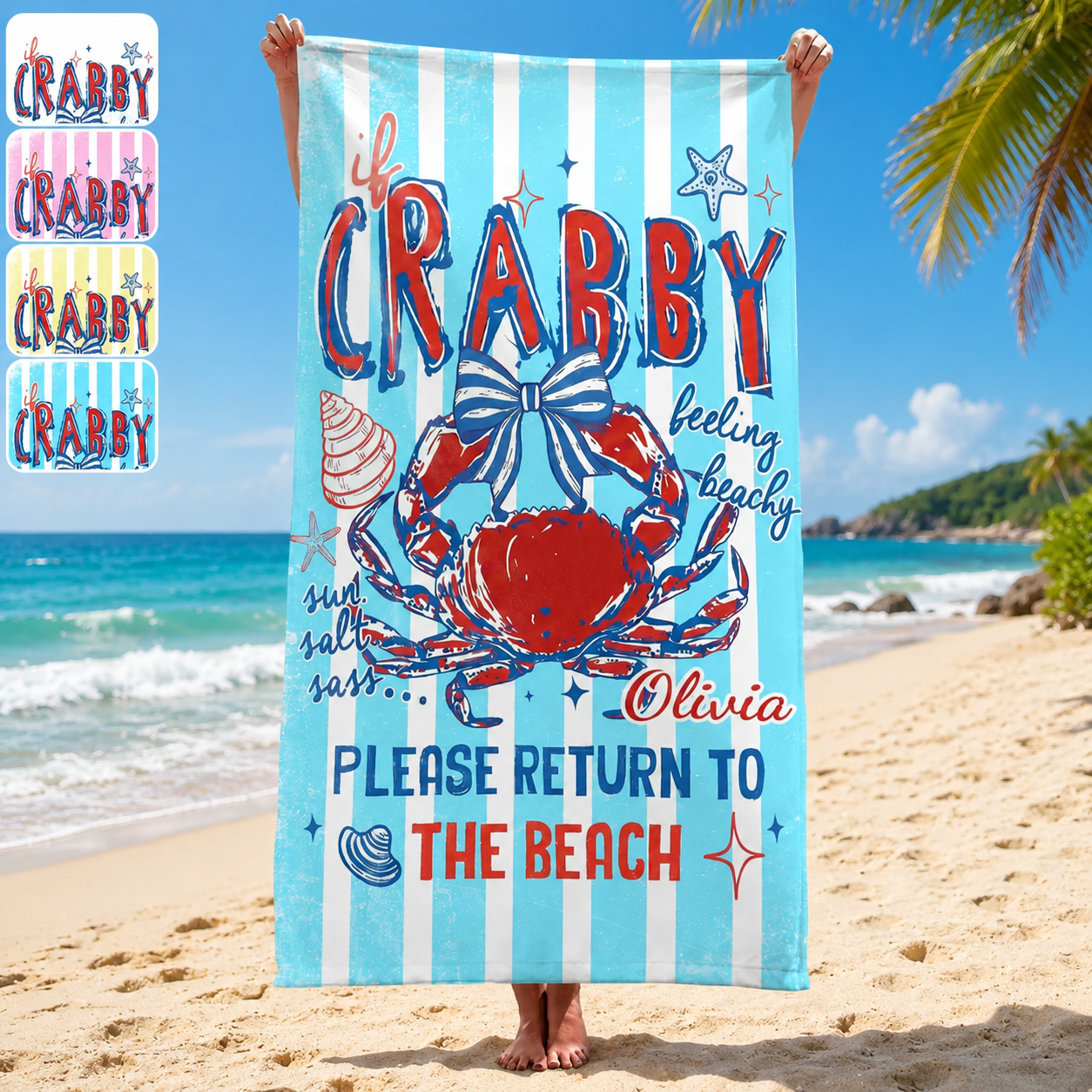 Personalized Microfiber Crabby Beach Towel Custome Name Gift
