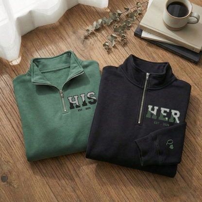 Valentine Custom Embroidered Sweatshirt, HIS HER Couples Quarter-Zip Sweatshirt, Initial With Heart On Sleeve, Valentines Day Gift Hoodie Sweatshirt T-Shirt