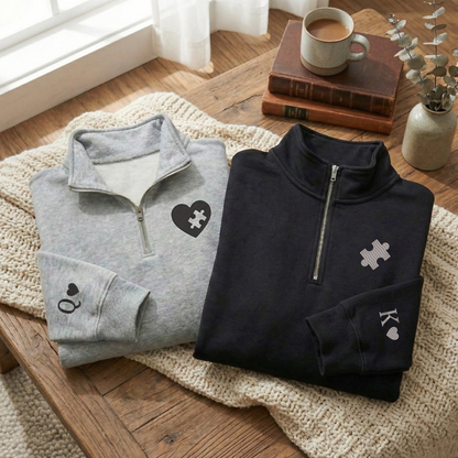 Valentine Custom Embroidered Sweatshirt, Heart and Puzzle Piece Couples Quarter-Zip Sweatshirt, Initial With Heart On Sleeve, Valentines Day Gift Hoodie Sweatshirt T-Shirt