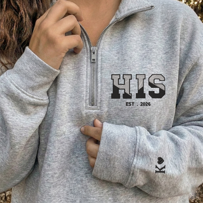 Valentine Custom Embroidered Sweatshirt, HIS HER Couples Quarter-Zip Sweatshirt, Initial With Heart On Sleeve, Valentines Day Gift Hoodie Sweatshirt T-Shirt