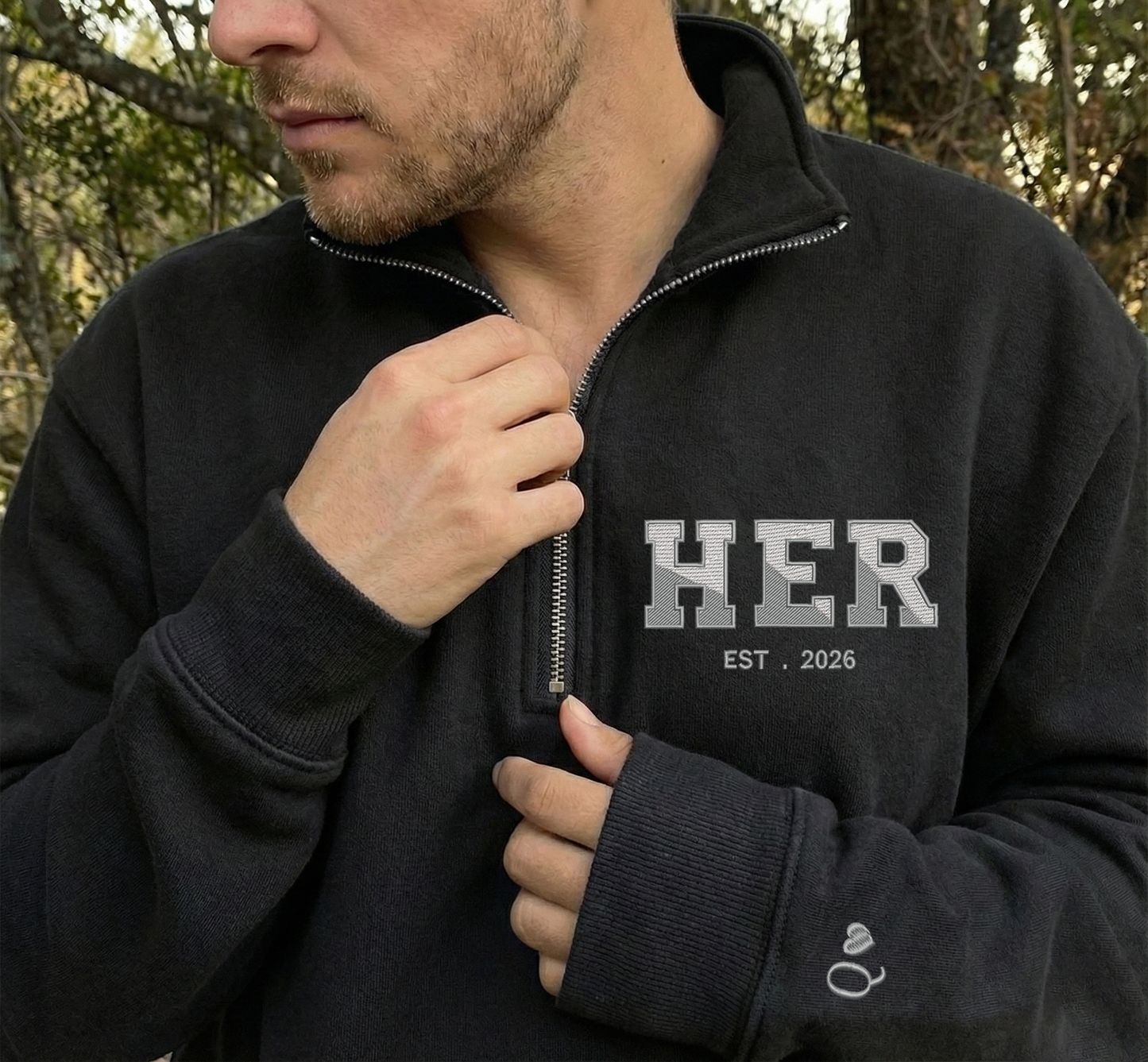 Valentine Custom Embroidered Sweatshirt, HIS HER Couples Quarter-Zip Sweatshirt, Initial With Heart On Sleeve, Valentines Day Gift Hoodie Sweatshirt T-Shirt