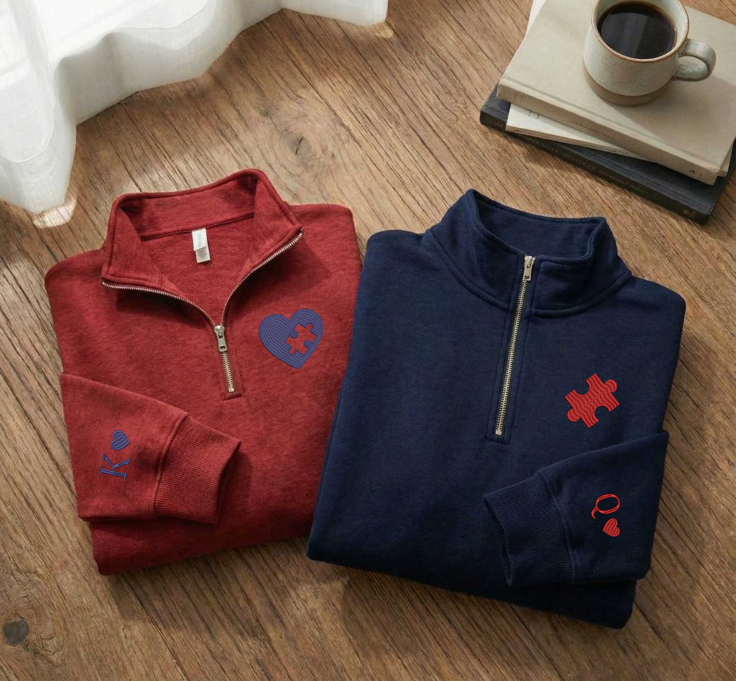 Valentine Custom Embroidered Sweatshirt, Heart and Puzzle Piece Couples Quarter-Zip Sweatshirt, Initial With Heart On Sleeve, Valentines Day Gift Hoodie Sweatshirt T-Shirt