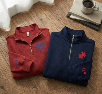 Valentine Custom Embroidered Sweatshirt, Heart and Puzzle Piece Couples Quarter-Zip Sweatshirt, Initial With Heart On Sleeve, Valentines Day Gift Hoodie Sweatshirt T-Shirt