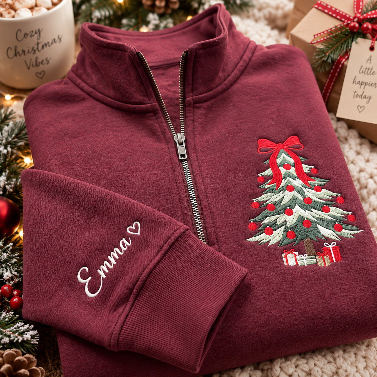Personalized Christmas Tree Sweatshirt, Embroidered Zip Neck Pullover with Custom Sleeve Name and Red Bow - DL04041026