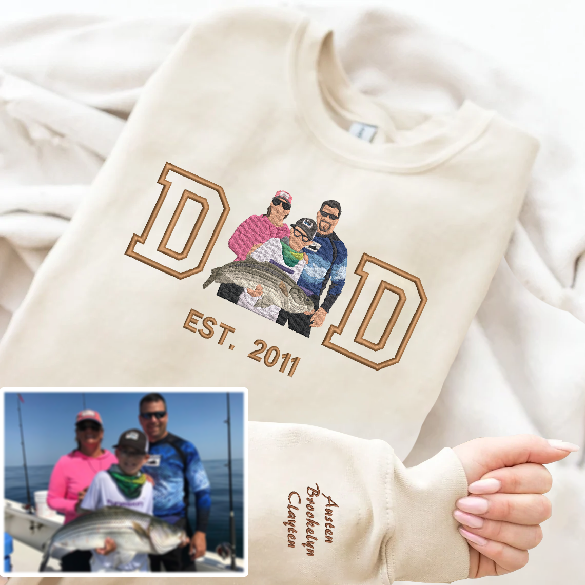 Personalized Embroidered Fishing Family Photo Hoodie Sweatshirt T-Shirt