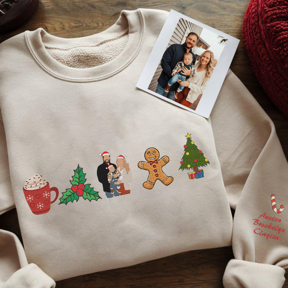 Christmas Embroidered Family Photo Custom Text Hoodie Sweatshirt T-Shirt