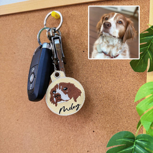 Personalized Embroidered Leather Pet Dog Cat Photo Keychain