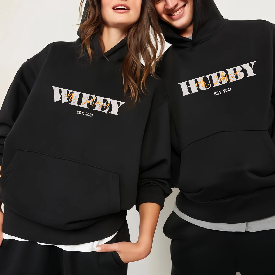 Valentine Embroidered Custom Name Wifey Hubby Hoodie Sweatshirt T-shirt