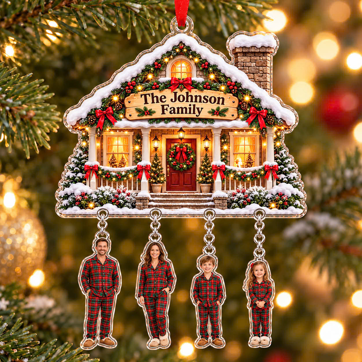 Personalized Family Photo Christmas Ornament, Custom Family Name House with Hanging Photo Charms, Holiday Keepsake Gift