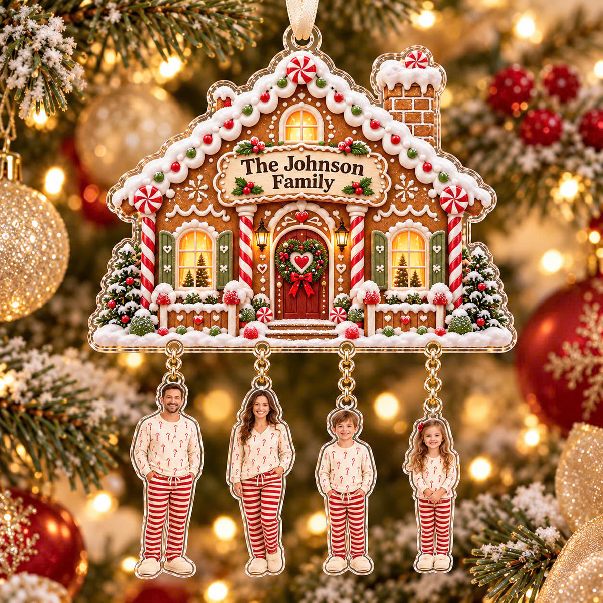 Personalized Family Photo Christmas Ornament, Custom Family Name House with Hanging Photo Charms