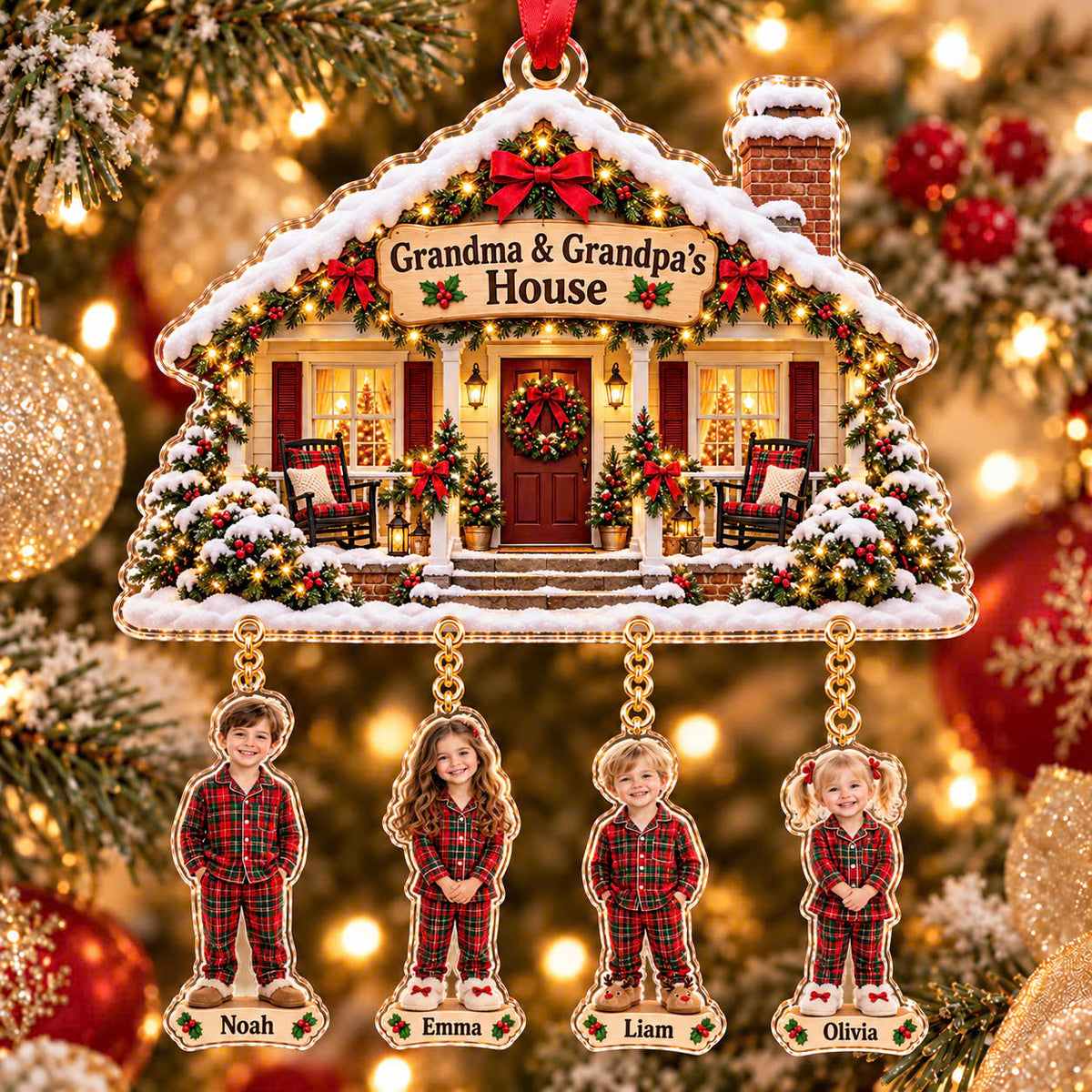 Personalized Grandparents Christmas Ornament, Custom Grandkids Photo Charms and Names, Grandma and Grandpa House Keepsake Gift