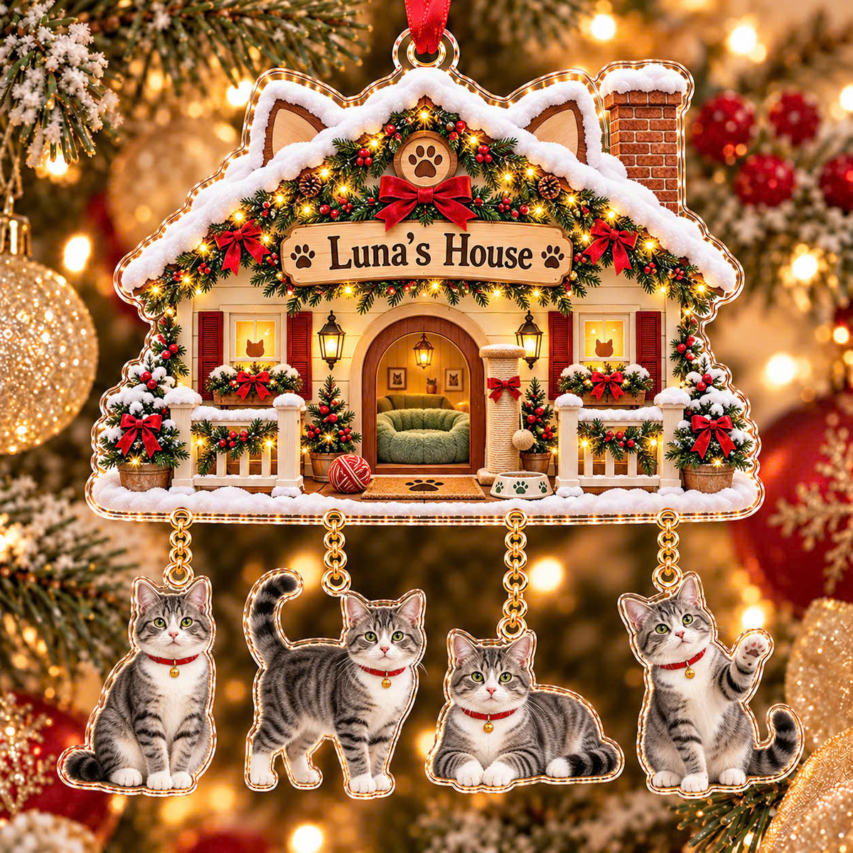 Personalized Cat Photo Christmas Ornament, Custom Cat House with Name and Hanging Photo Charms, Pet Keepsake Gift for Cat Lovers