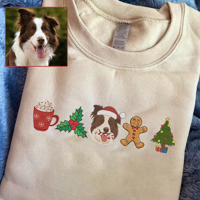 Christmas Embroidered Pet Dog Cat Photo Custom Text Hoodie Sweatshirt T-Shirt