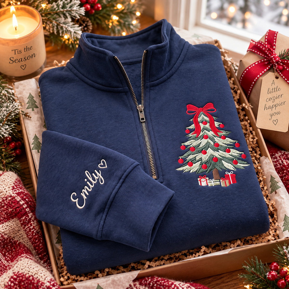 Personalized Christmas Tree Sweatshirt, Embroidered Zip Neck Pullover with Custom Sleeve Name and Red Bow - DL04041026