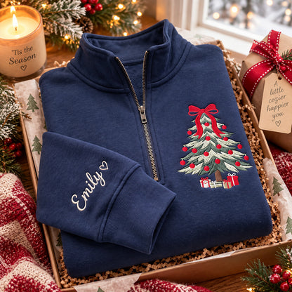 Personalized Christmas Tree Sweatshirt, Embroidered Zip Neck Pullover with Custom Sleeve Name and Red Bow - DL04041026