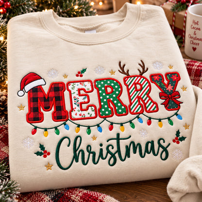 Merry Christmas Embroidered Sweatshirt, Festive Patchwork Lettering and Holiday Lights Crewneck - DL04061026