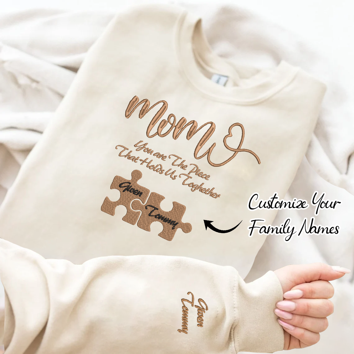 Mother's Day You Are The Piece That Holds Us Together Personalized Embroidered Family Photo Hoodie Sweatshirt T-Shirt