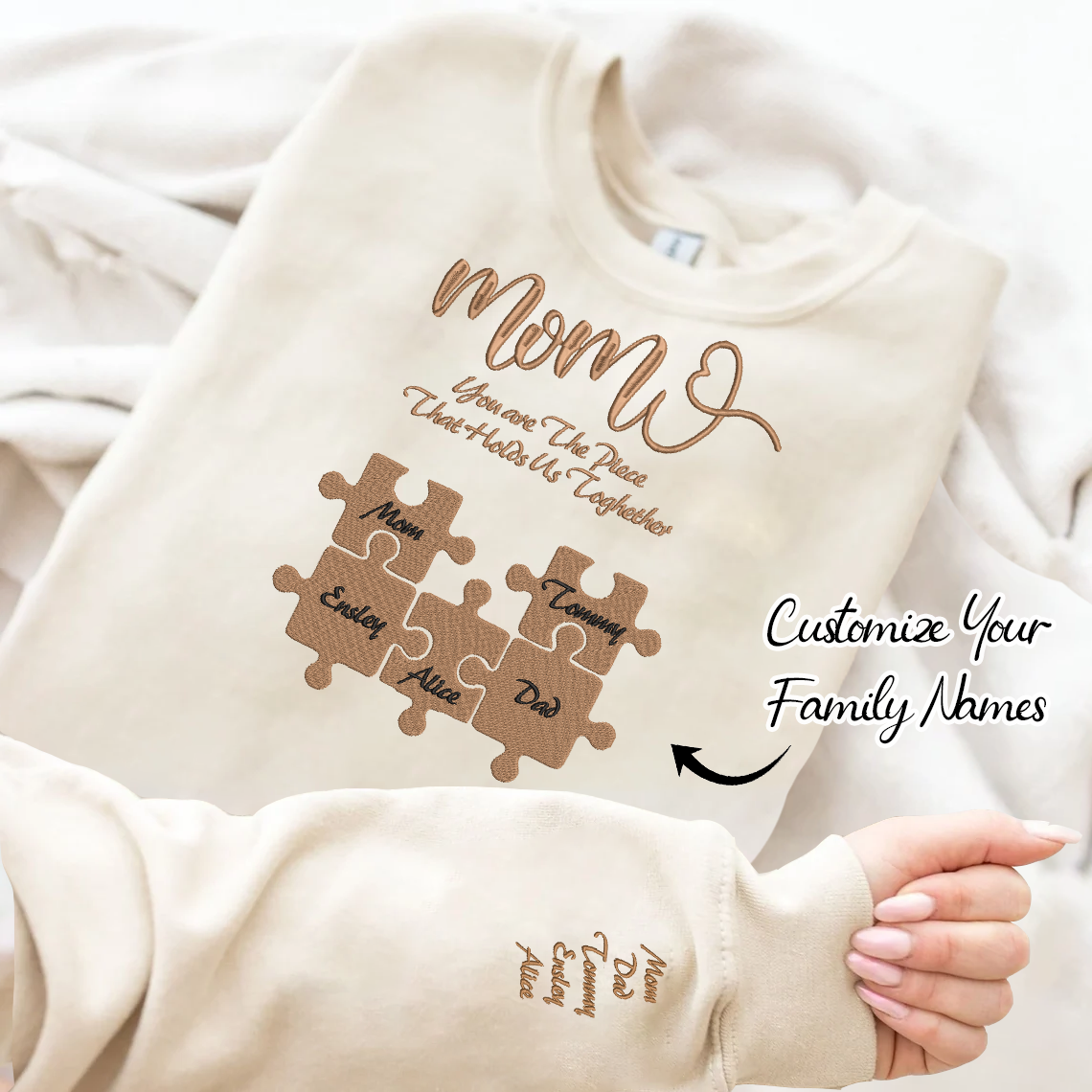 Mother's Day You Are The Piece That Holds Us Together Personalized Embroidered Family Photo Hoodie Sweatshirt T-Shirt