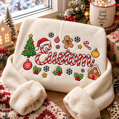 Personalized Christmas Sweatshirt, Custom Embroidered Name, Candy Cane Letters, Gingerbread and Christmas Tree Pullover - DL05041026