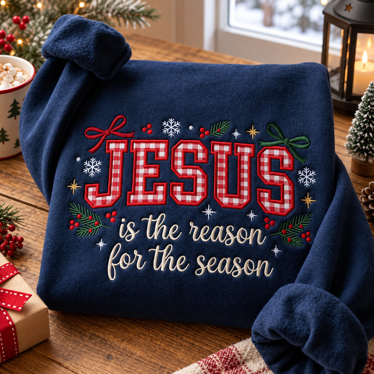 Jesus Is the Reason for the Season Embroidered Sweatshirt, Christian Christmas Gingham Pullover - DL05061026