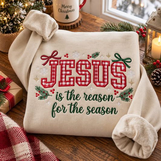 Jesus Is the Reason for the Season Embroidered Sweatshirt, Christian Christmas Gingham Pullover - DL05061026