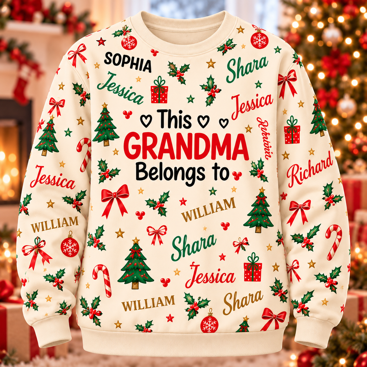 Personalized Grandma Christmas Pajama Set, Green Sweatshirt and Lounge Pants with Grandkids' Names