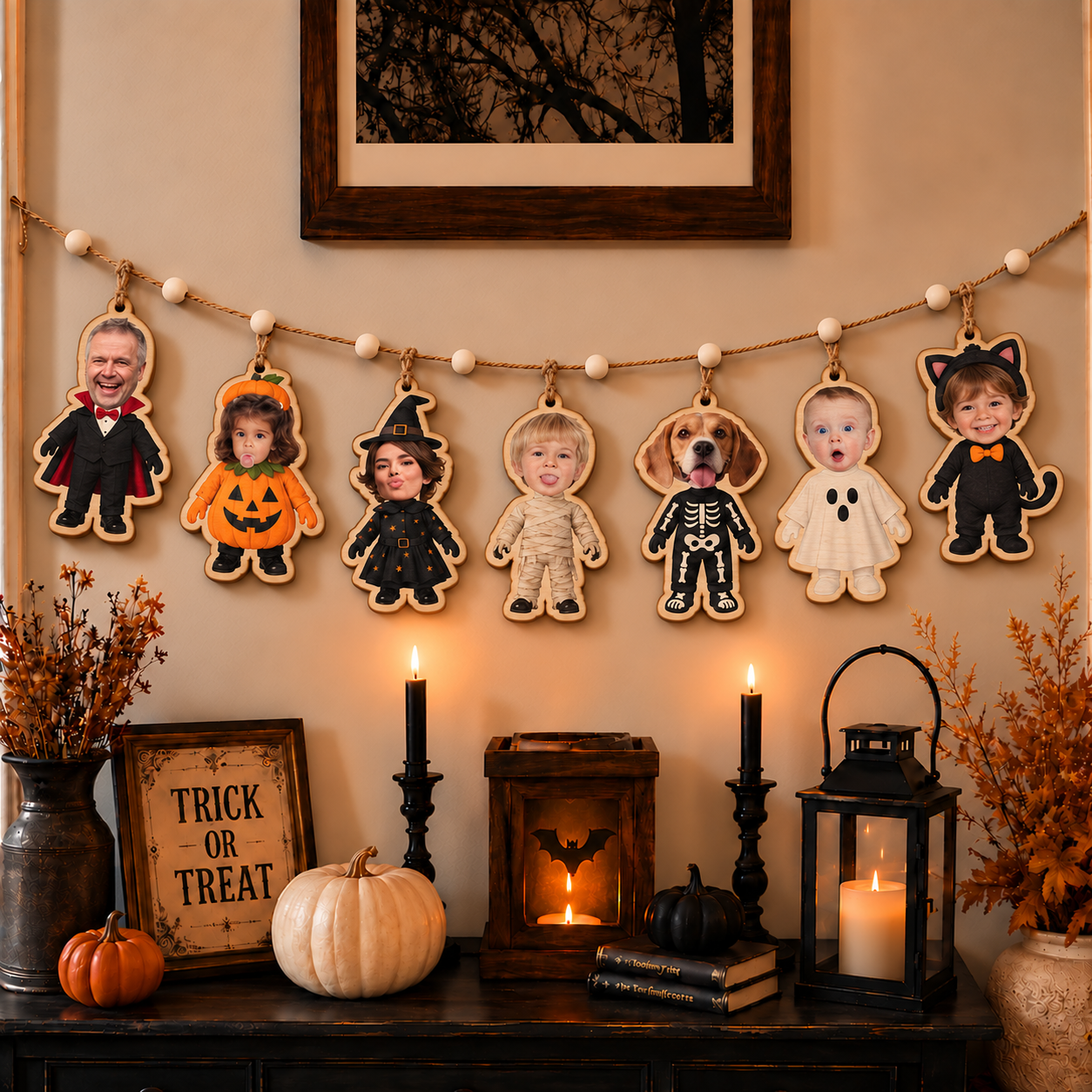 Halloween Personalized Family Members Faces Wooden Garland