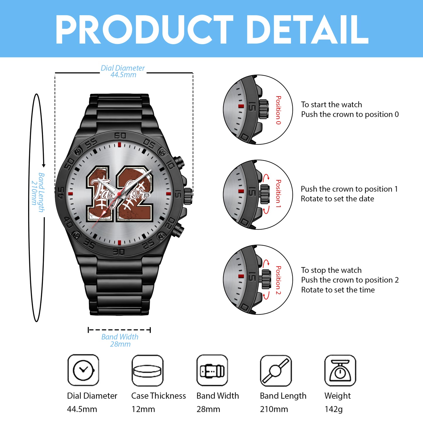 Personalized American Football Custom Name & Number Watch Father's Day Gift For Him