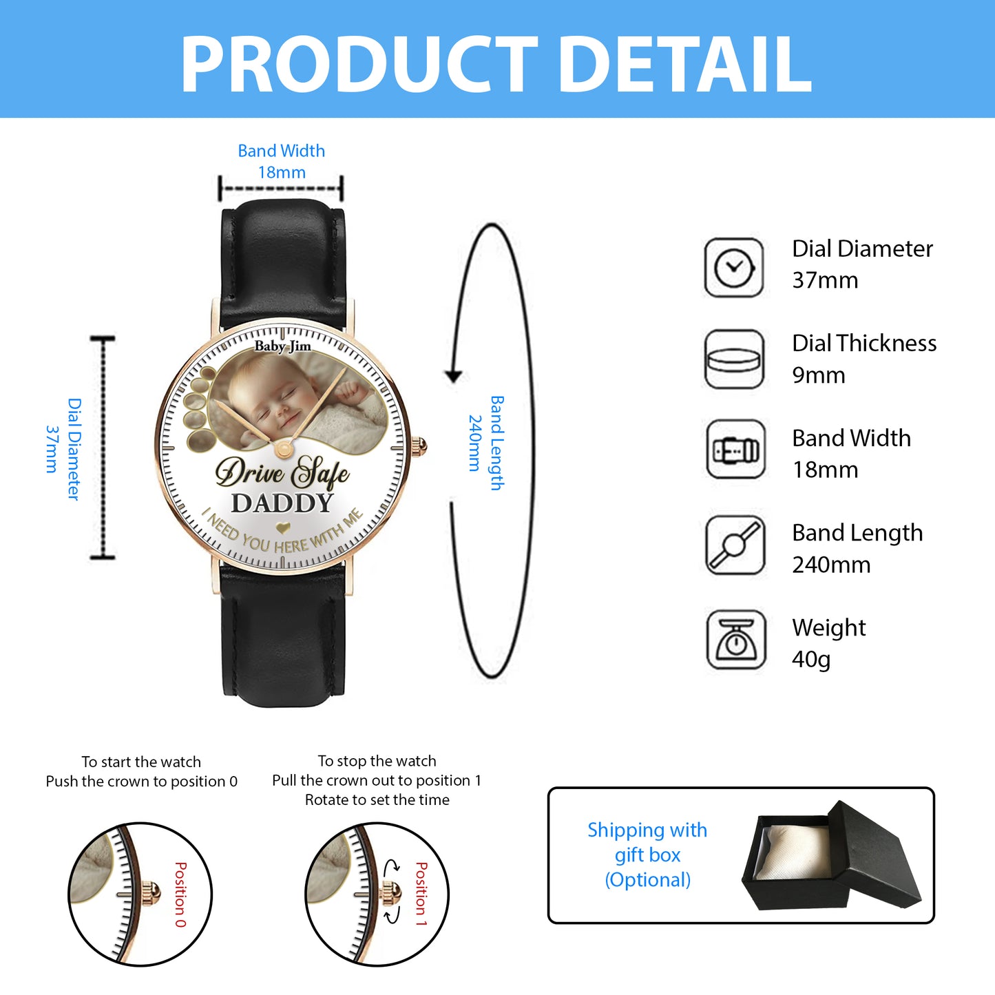 Drive Safe Daddy - Custom Stainless Steel Black Metal Watch