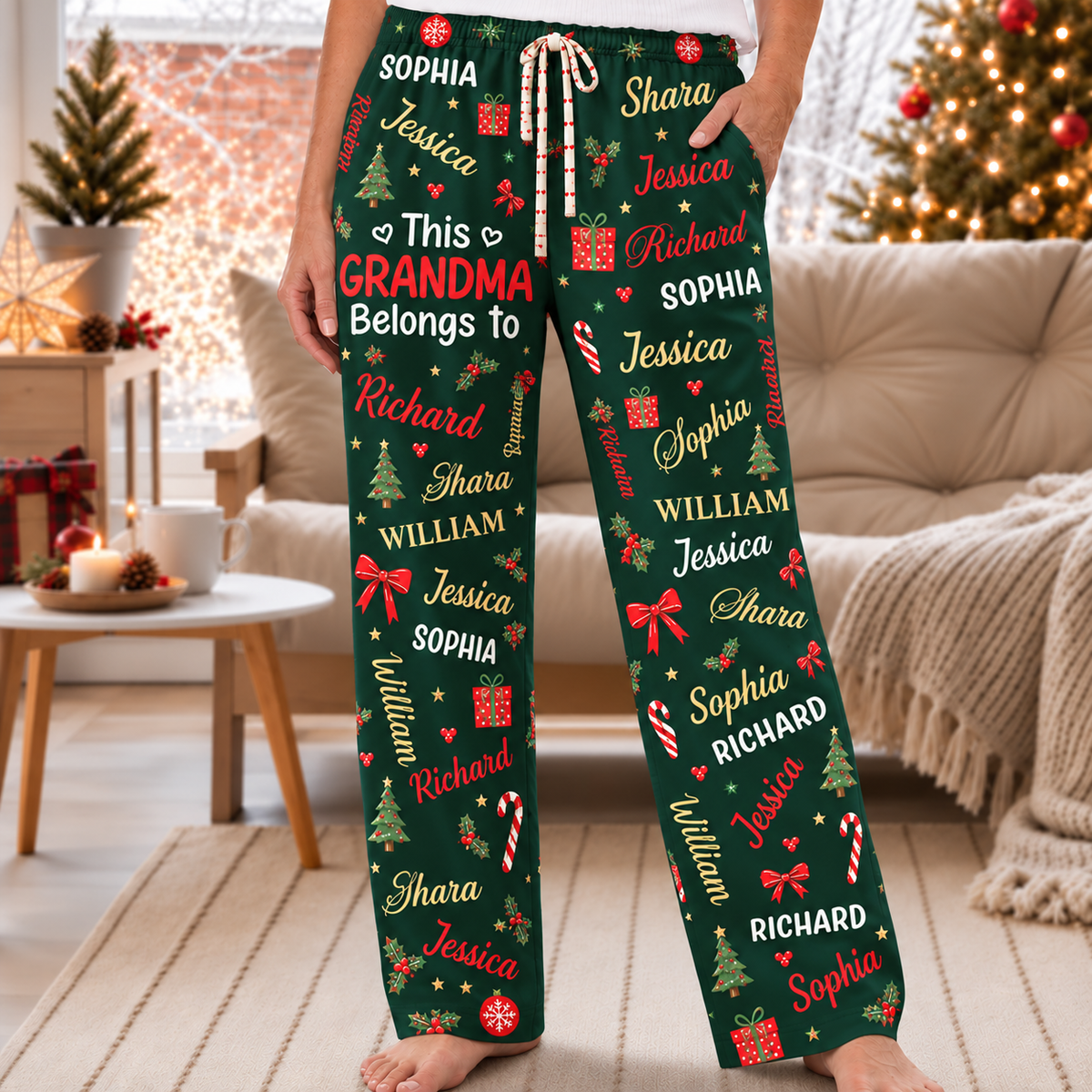 Personalized Grandma Christmas Pajama Set, Green Sweatshirt and Lounge Pants with Grandkids' Names