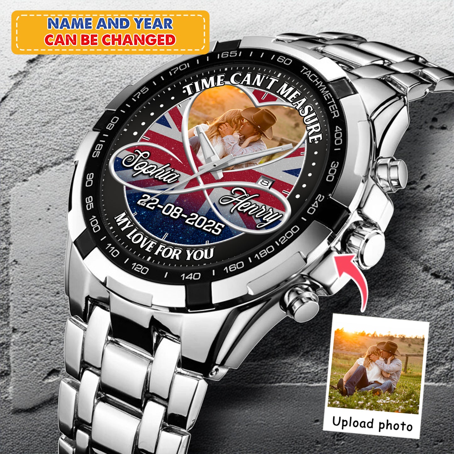 Personalized Family Photo Couple Photo Upload - Custom Stainless Steel Watches - Union Flag Edition