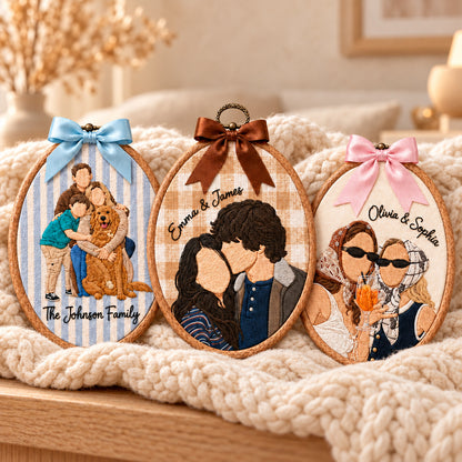 Personalized Photo Ornament, Embroidery Style Portrait with Custom Names, Oval Family Keepsake, Couple or Best Friend Gift - DL01211026