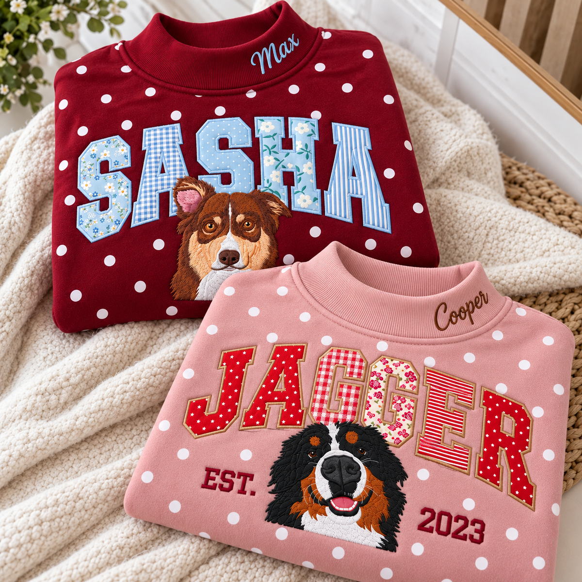 Personalized Pet Photo & Name Embroidered Polka Dot Sweatshirt
