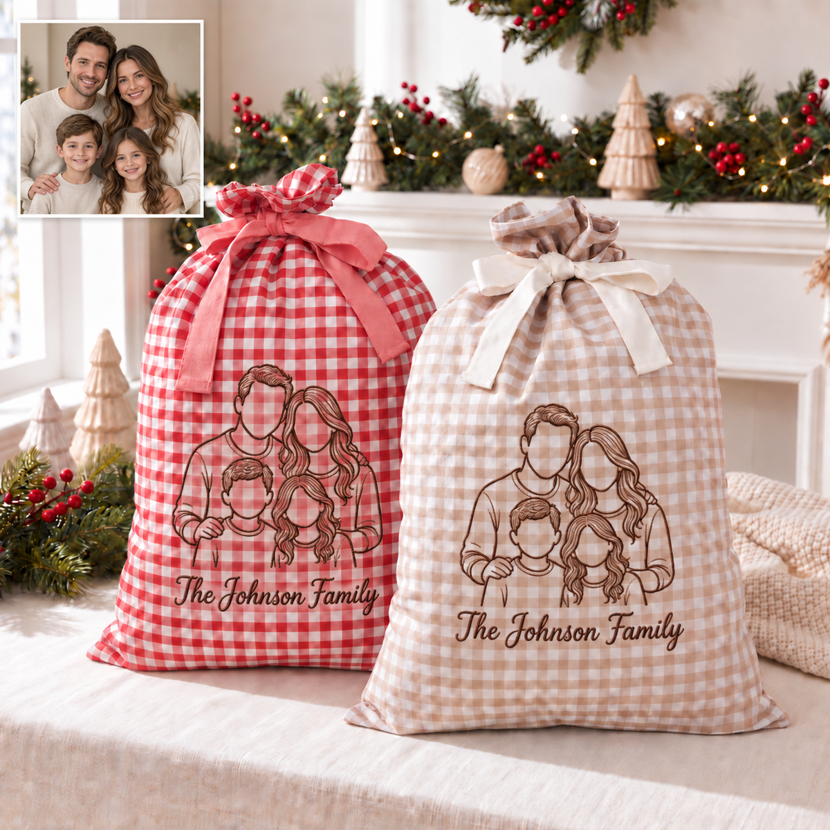 Embroidered Custom Family Photo Outline Christmas Linen Gift Bag