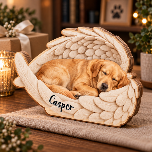 Custom Pet Photo & Name Sleeping Angel Flat Printed 3-Layer Wooden Block