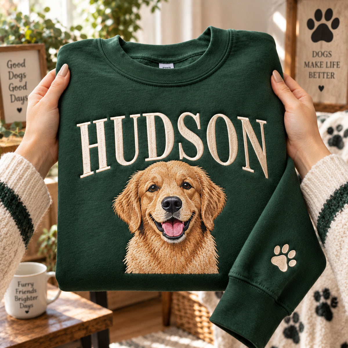 Custom Embroidered Dog Portrait Sweatshirt with Pet Name, Personalized Crewneck - DL01180926