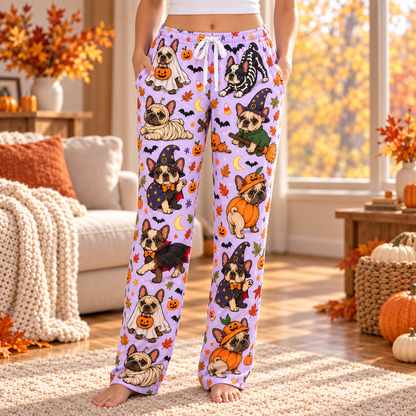 Halloween Custom Dog Breed Spooky Season Women's Wide Leg Straight Pants with Pockets
