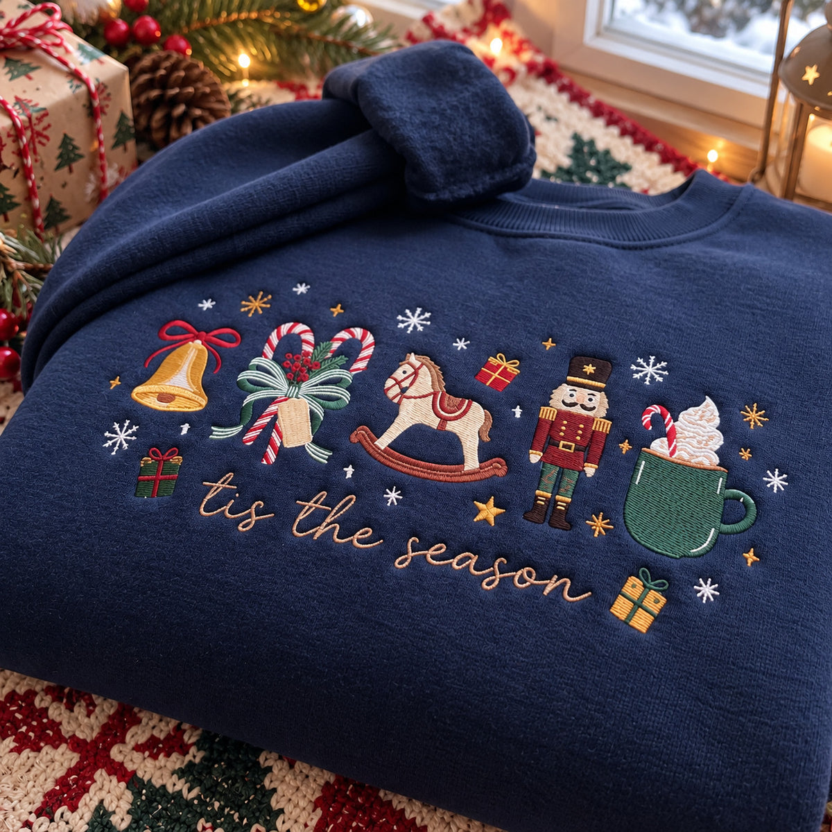 Tis the Season Embroidered Christmas Sweatshirt, Nutcracker and Rocking Horse Design, Navy Holiday Crewneck - DL07041026