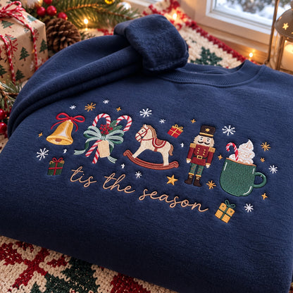 Tis the Season Embroidered Christmas Sweatshirt, Nutcracker and Rocking Horse Design, Navy Holiday Crewneck - DL07041026