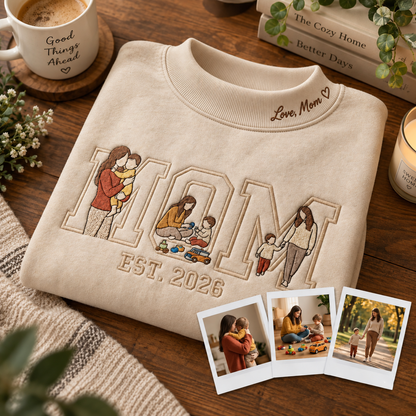 Personalized Embroidered Mom Custom Message On Neck Sweatshirt, Quarter-Zip Sweatshirt