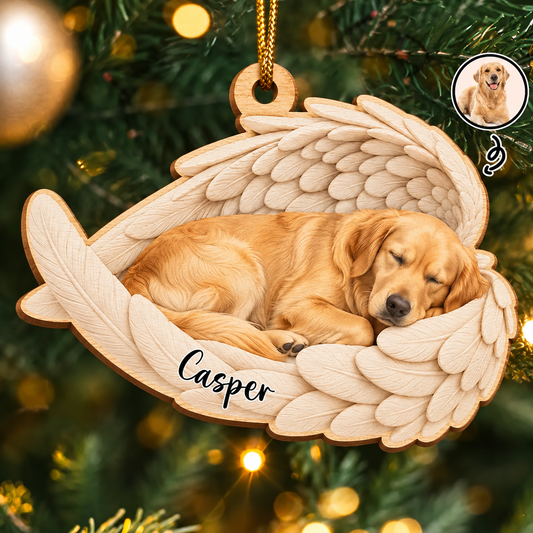 Custom Pet Photo & Name Sleeping Angel Double-Side Printed Wooden Ornament