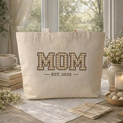 Personalized Mom Est Mother's Day Embroidered Tote Bag - Vintage Striped Beach Tote