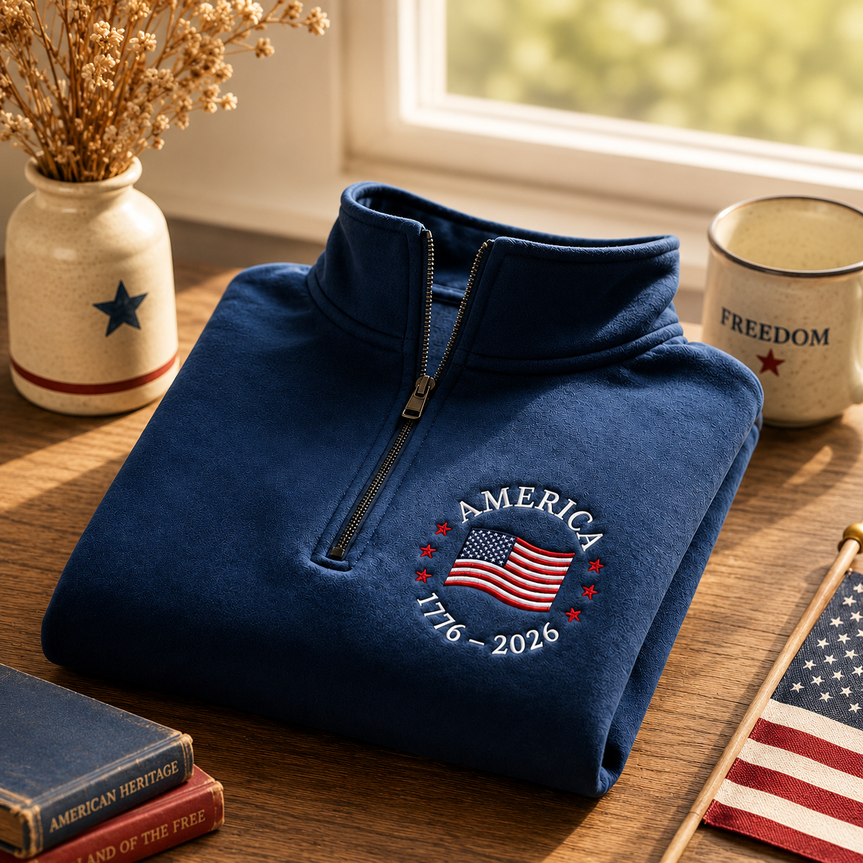 America 1776–2026 Heritage Flag Embroidered Quarter-Zip Sweatshirt, Hoodie Sweatshirt T-Shirt