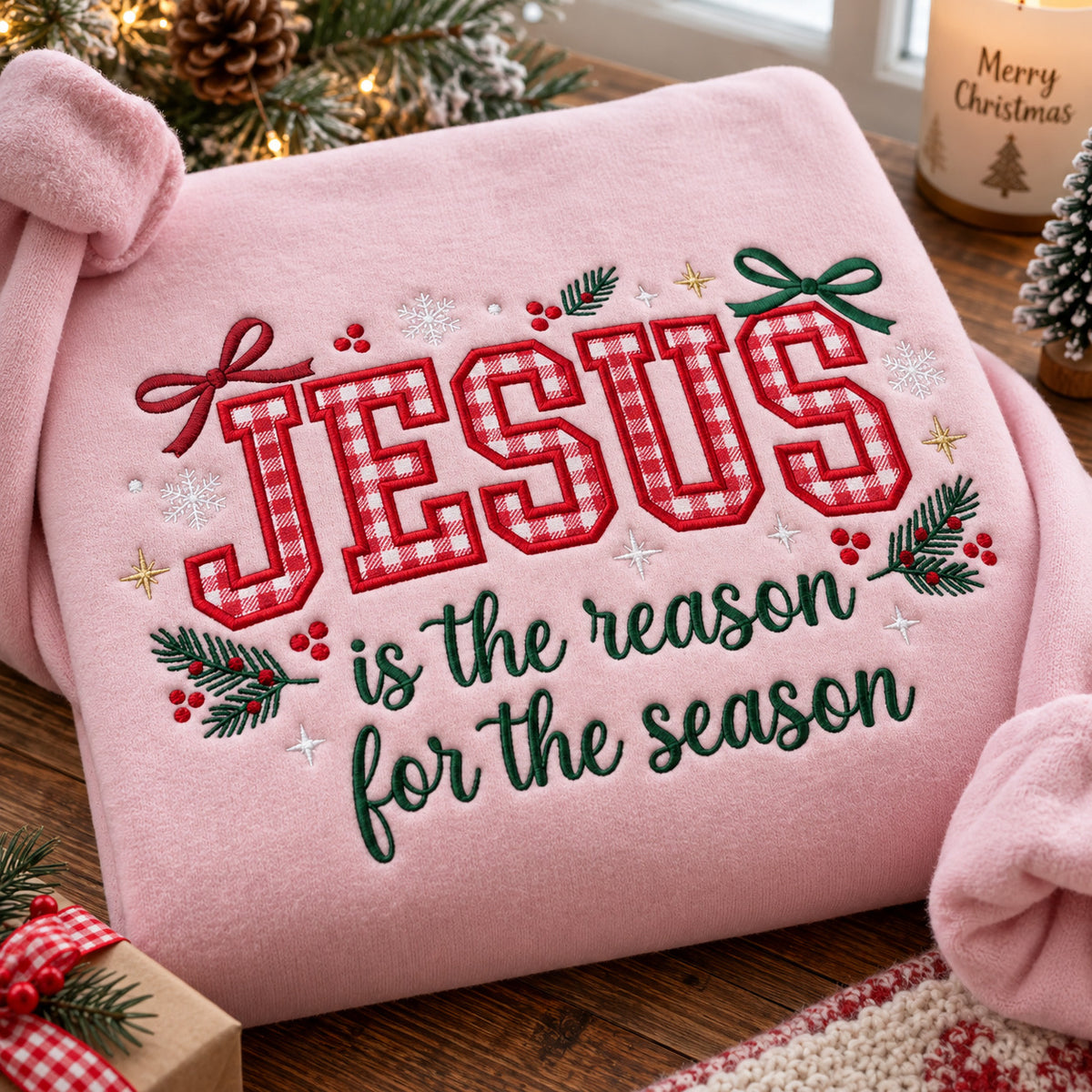 Jesus Is the Reason for the Season Embroidered Sweatshirt, Christian Christmas Gingham Pullover - DL05061026
