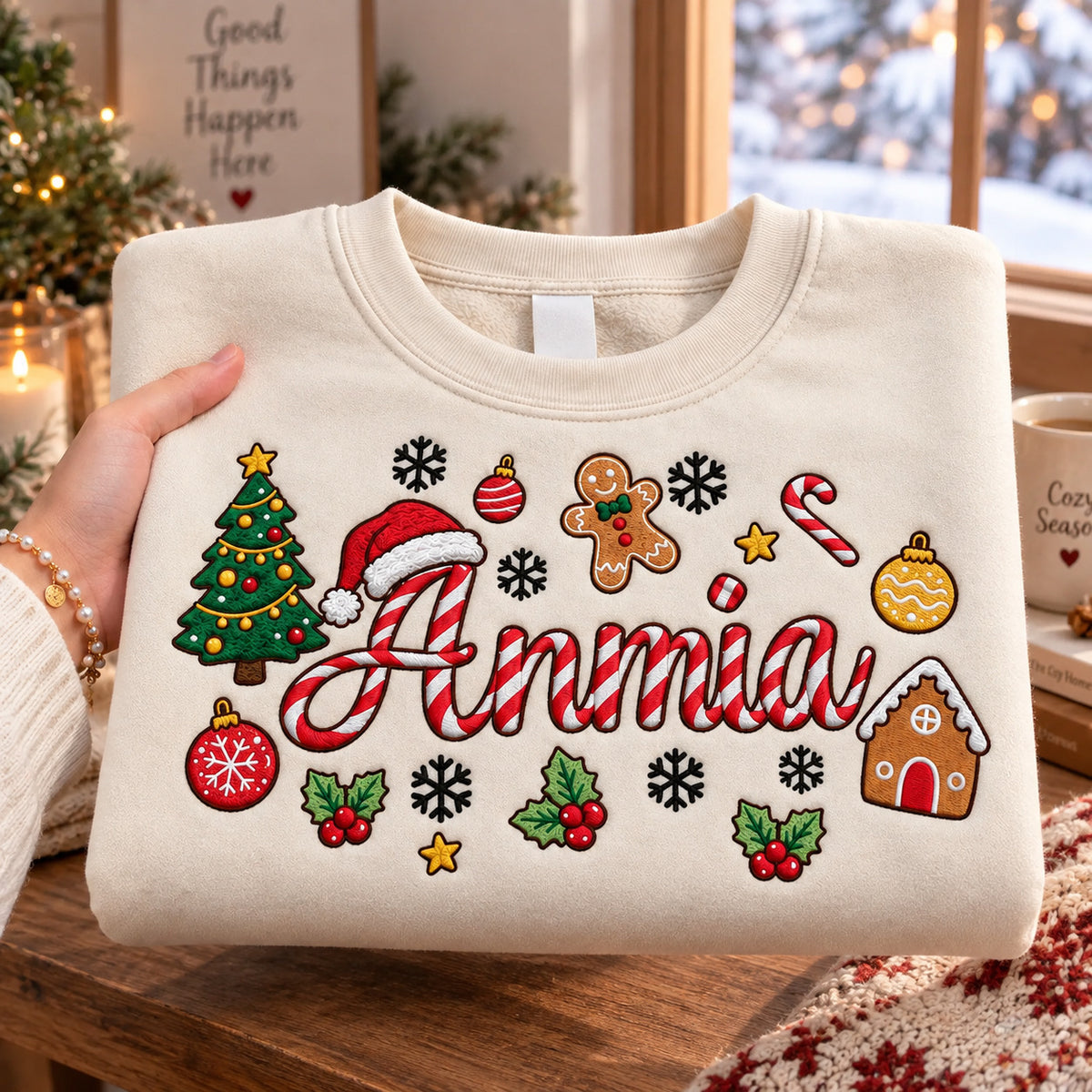 Personalized Christmas Sweatshirt, Custom Embroidered Name, Candy Cane Letters, Gingerbread and Christmas Tree Pullover - DL05041026