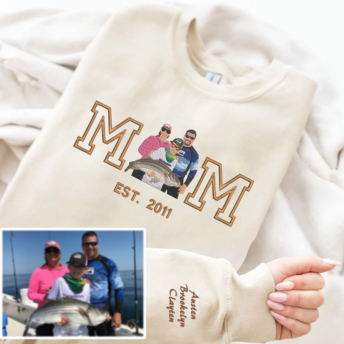 Personalized Embroidered Fishing Family Photo Hoodie Sweatshirt T-Shirt