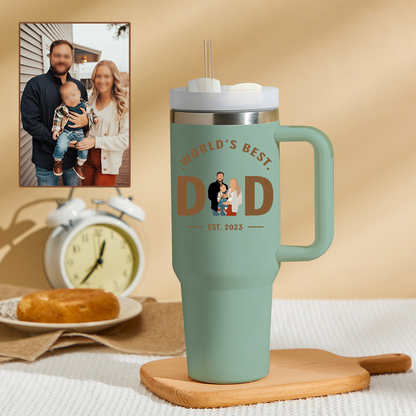 Father's Day World's Best Dad Personalized Text 40oz Insulated Mug with Handle and Straw Stainless Steel Custom Travel Cup Gift for Family Friends Couples