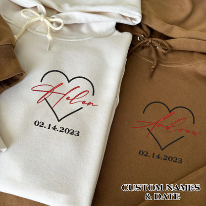 Valentine Embroidered Custom Names & Date Couple Hoodie Sweatshirt T-shirt