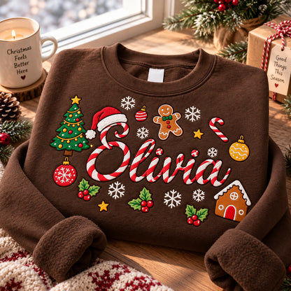 Personalized Christmas Sweatshirt, Custom Embroidered Name, Candy Cane Letters, Gingerbread and Christmas Tree Pullover - DL05041026